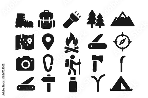 Outdoor adventure icons: hiking, camping, navigation, tools, nature symbols