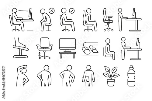 Ergonomic office posture tips: proper sitting, desk setup, break exercises, hydration
