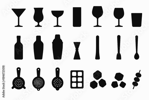 Collection of beverage glassware and bar tools icons in black silhouette