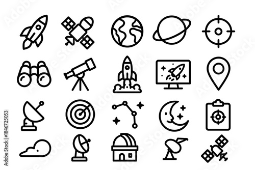 Space exploration icons: rockets, satellites, telescopes, planets, and stars