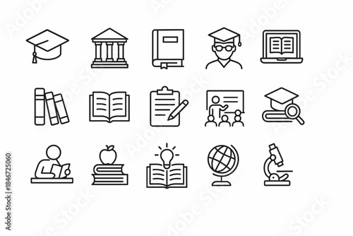 Education icons: graduation cap, books, library, learning, and teaching symbols