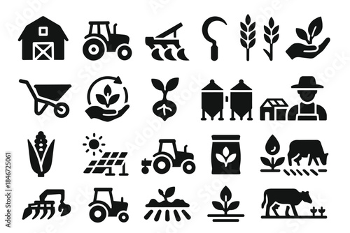 Farm icon set: agriculture equipment, crops, and livestock symbols in black silhouette