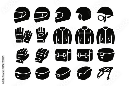 Motorcycle gear icons: helmets, gloves, jackets, and bags set