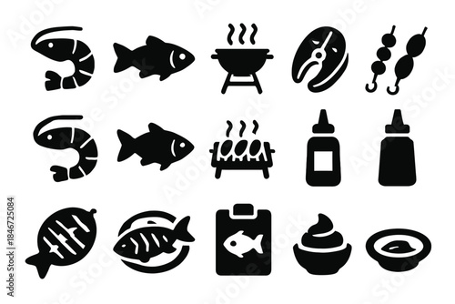 Grilled seafood icons: shrimp, fish, bbq, marinade, sauce bottles, cooking tools