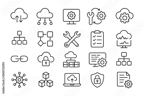 Cloud computing and data management icon set with network and security symbols