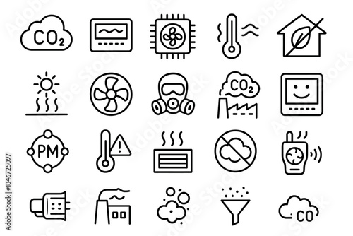 Air quality line icons: pollution, co2 levels, temperature, and protective gear symbols
