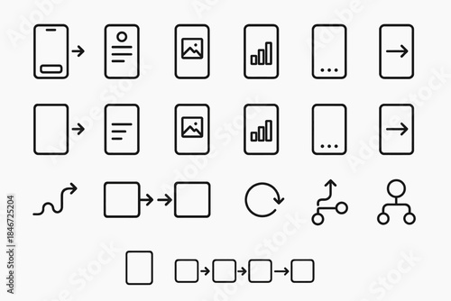 Minimalist vector icons: mobile interfaces and workflow diagrams