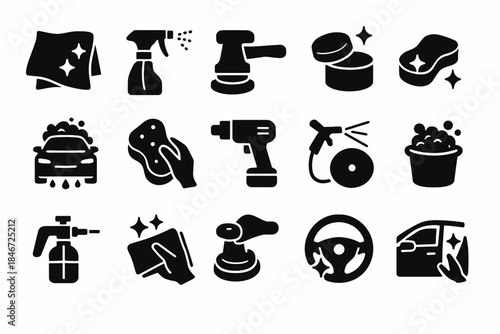 Car detailing icons: tools and cleaning equipment silhouettes