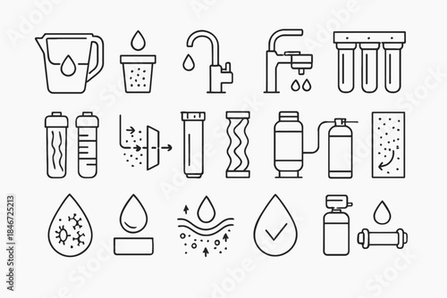 Set of water filtration icons illustrating purification stages and equipment