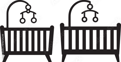 Two black crib icons with mobiles for baby sleep and nursery design