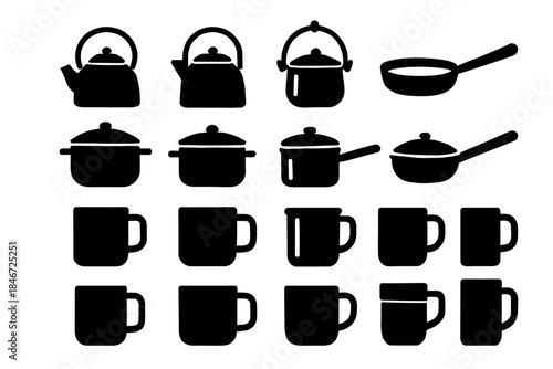 Silhouette collection of kitchenware: kettles, pans, mugs, and pots