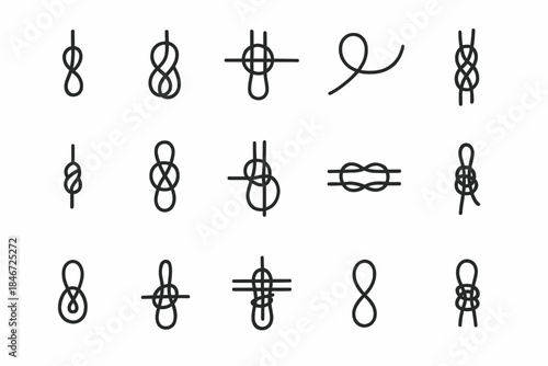 Set of sixteen different knot illustrations featuring various tying techniques