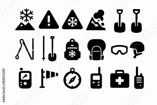 Winter adventure icons: snow, safety, equipment