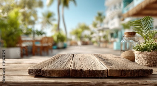 Fototapeta Naklejka Na Ścianę i Meble -  A wooden table with a jar of plants and a potted plant on it