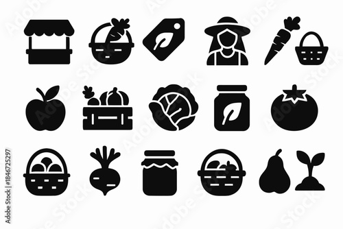 Collection of vegetable and fruit market icons in black and white style