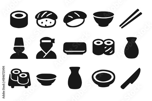 Sushi icons: bowl, chopsticks, sushi rolls, and chef silhouettes