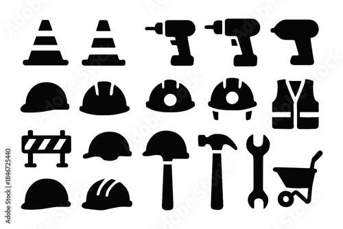 Collection of construction tools and safety equipment icons