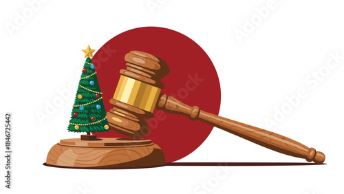 Festive legal concept featuring a miniature christmas tree alongside a wooden gavel symbolizing justice and holiday law.