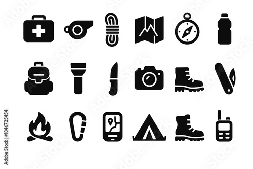 Essential camping and hiking equipment icons: tools for outdoor adventure