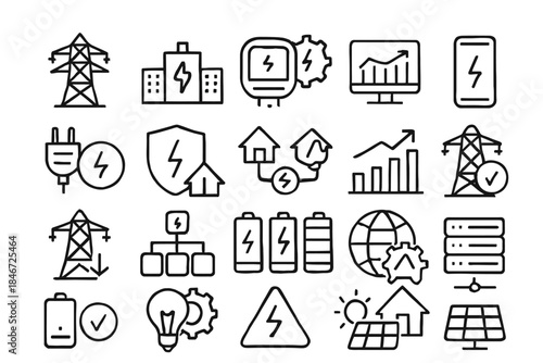 Energy icons collection: solar power, electric devices, data analytics