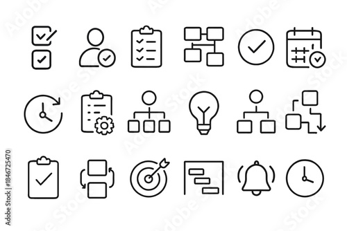 Business and productivity icons: checklist, flowchart, calendar, clock, target
