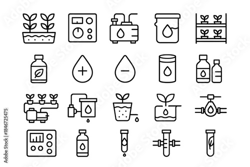 Hydroponics and smart farming technology line icons for water and plant cultivation