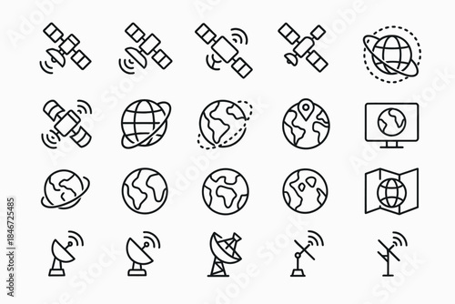 Satellite and global communication icons set featuring earth and antennas