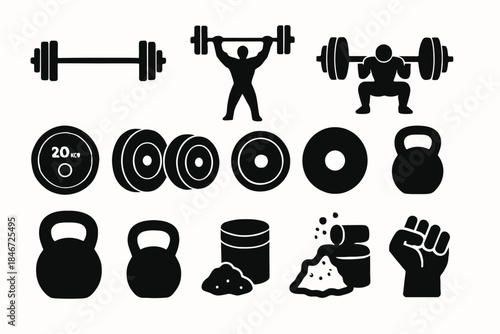 Silhouette gym icons: barbells, weights, kettlebells, and fitness symbols