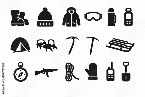 Winter adventure icons: equipment for camping, hiking, and skiing