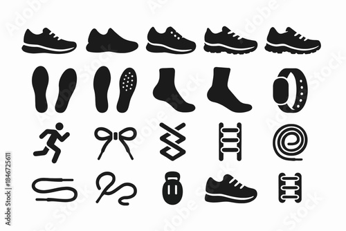 Running shoe accessories silhouettes: soles, laces, socks, and fitness icons