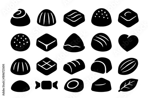 Assorted silhouette chocolate icons on white background