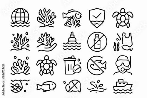 Environmental icons highlighting ocean conservation and pollution prevention