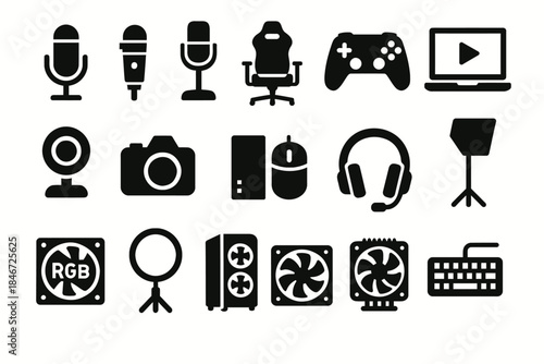 Collection of technology and gaming icons including microphone, game controller, and webcam
