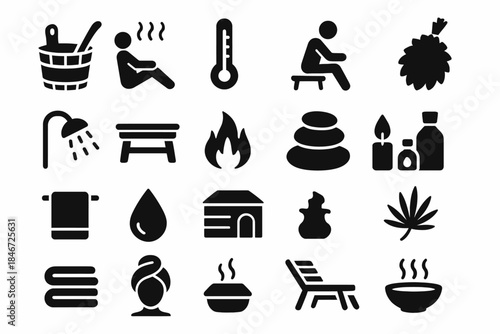 Set of spa and sauna icons: relaxation, aromatherapy, heat, and wellness symbols
