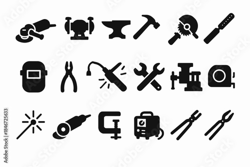 Blacksmith and metalworking tools icons set