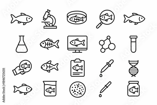 Outline icons of fish and scientific equipment for marine biology and research