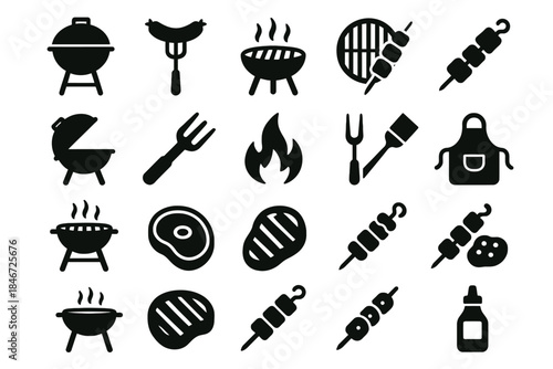 Barbecue icon set featuring grills, skewers, and tools for outdoor cooking
