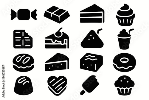 Silhouette icons of various desserts and sweets