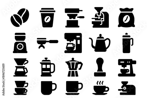 Silhouette icons of coffee beans, brewing equipment, and cups for cafes