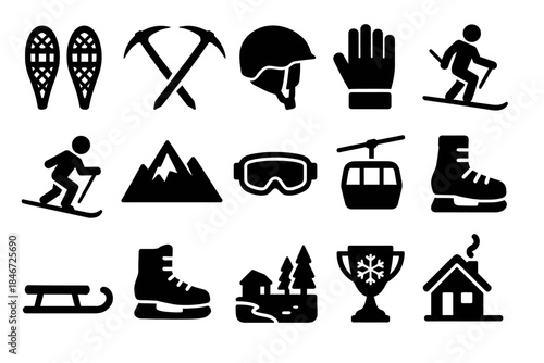 Winter sport icons: snowshoes, skiing, helmet, mountains, cabin