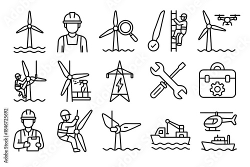Wind turbine maintenance: icons of installation, repair, and safety