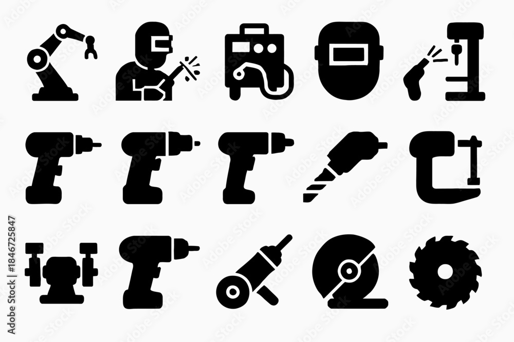 Fototapeta premium Industrial tools and equipment silhouettes for construction and manufacturing