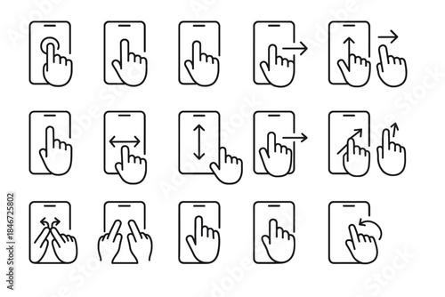 Smartphone gesture icons: tap, swipe, pinch, and zoom for touchscreen navigation