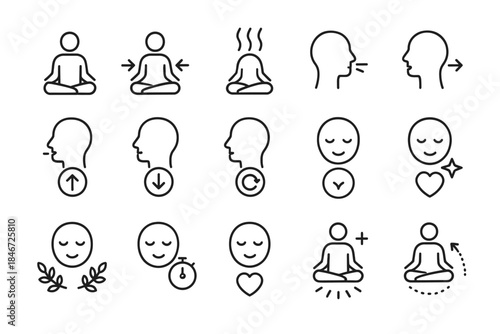 Minimalistic meditation and breathing icons for wellness and mindfulness