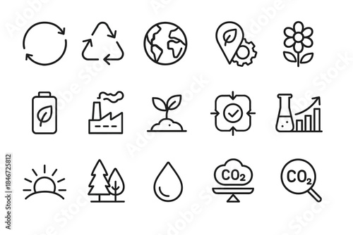 Eco-friendly icons: recycling, nature, energy, and sustainability symbols