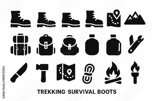 Outdoor adventure icon set: boots, maps, hiking gear, knives, and fire tools