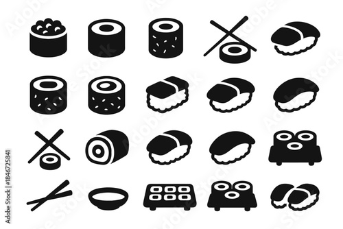 Assorted sushi icon set: nigiri, rolls, chopsticks, maki, wasabi, soy sauce, minimalist design