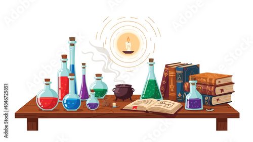 A whimsical collection of potion bottles, spell books, and a glowing candle creates a magical alchemy scene on a wooden table.