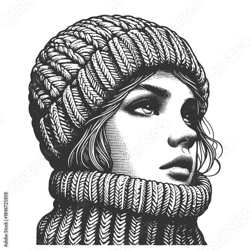 woman in warm knit hat and sweater, winter fashion aesthetic sketch engraving generative ai fictional character vector illustration. Scratch board imitation. Black and white image.