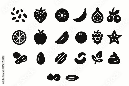 Variety of fruit and nut icons in black silhouette style